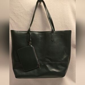 Dark Green Leather Tote Bag with Pouch